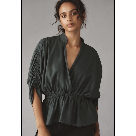 Anthropologie Maeve Short Sleeve Ruched Peplum Blouse Sz XL Green - Picture 1 of 5